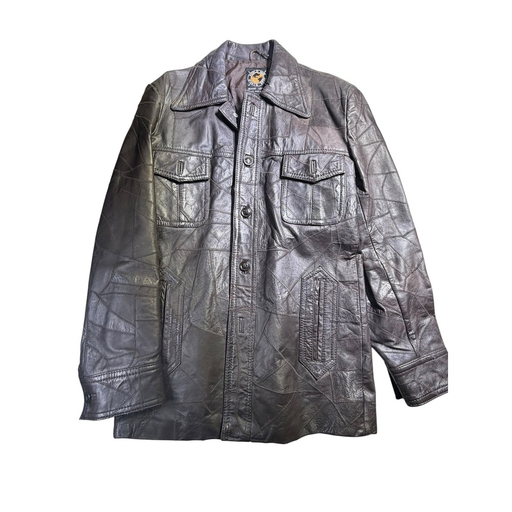 Vintage World Wide Sports Wear Patchwork Leather Jacket Brown‎ 70s Car Coat 38